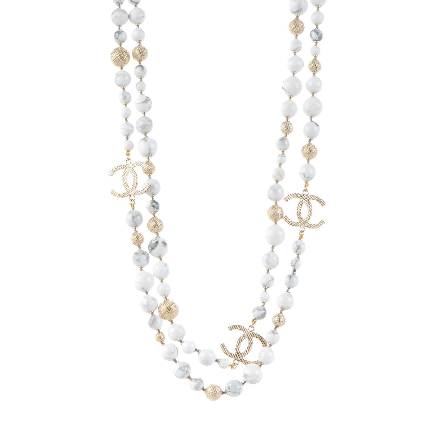 Chanel Marble Bead CC Long Necklace Gold White 1 of 5