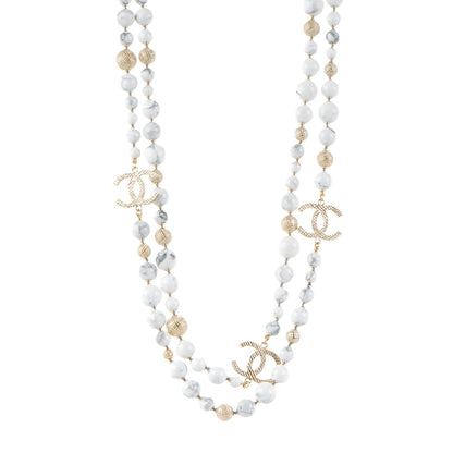 Chanel Marble Bead CC Long Necklace Gold White 1 of 5
