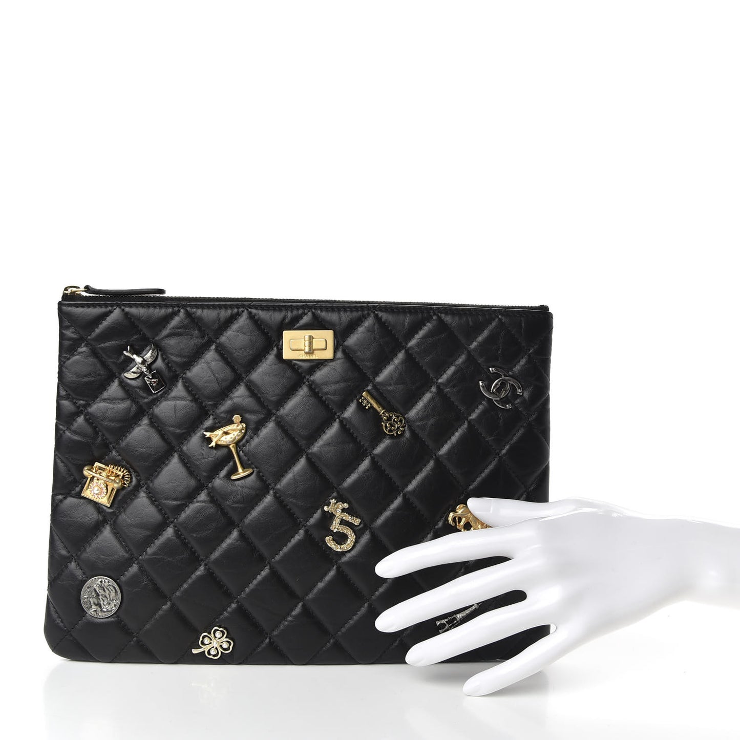Aged Calfskin Quilted Medium Lucky Charms Cosmetic Case Black