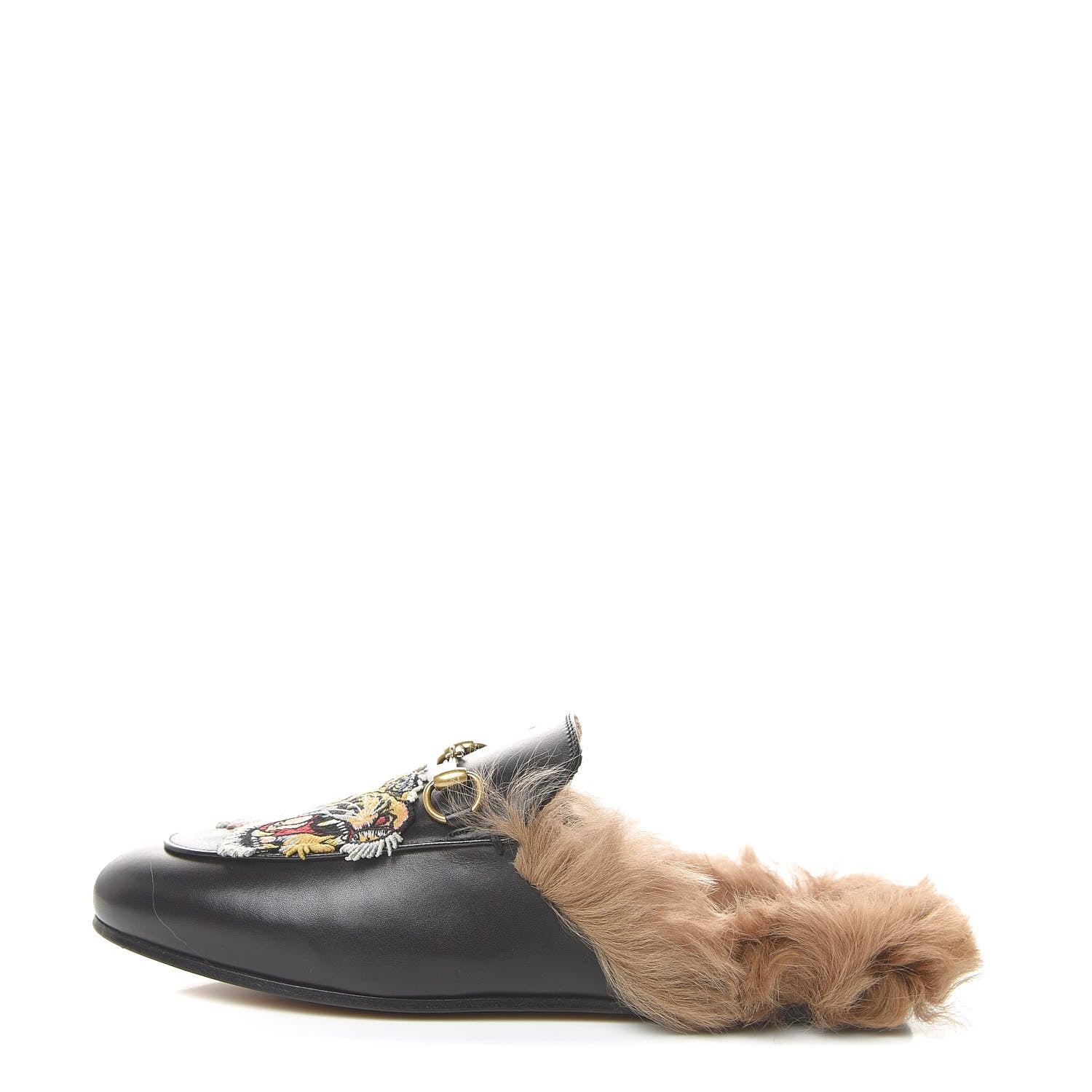 Gucci Calfskin Lambswool Tiger Embroidered Womens Princetown Slippers 38 Black 1 of 9