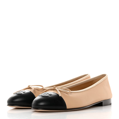 Chanel Lambskin Cap Toe CC Ballerina Flats 38 Beige Black 3 of 9