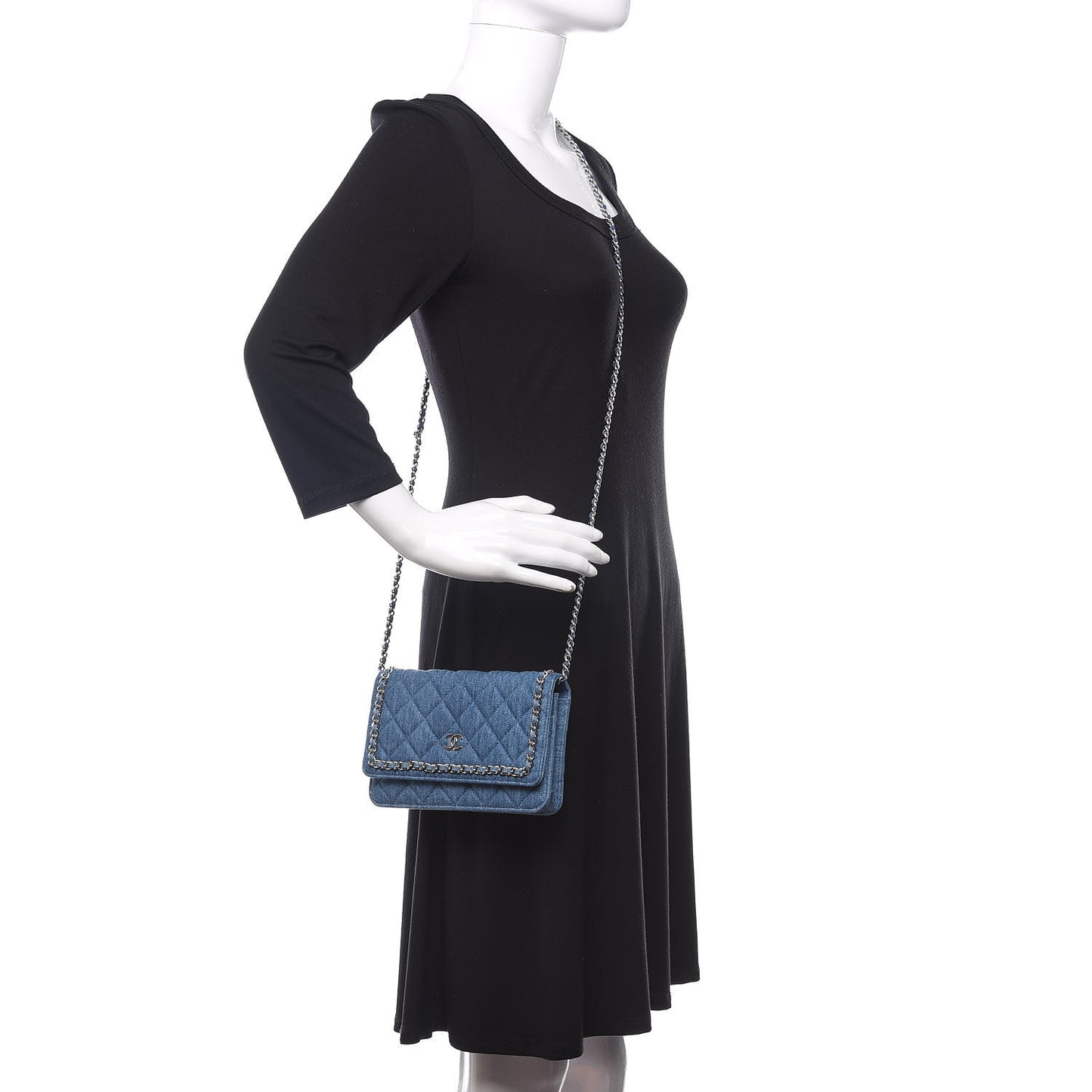 Denim Quilted Chain Around Wallet on Chain WOC Blue