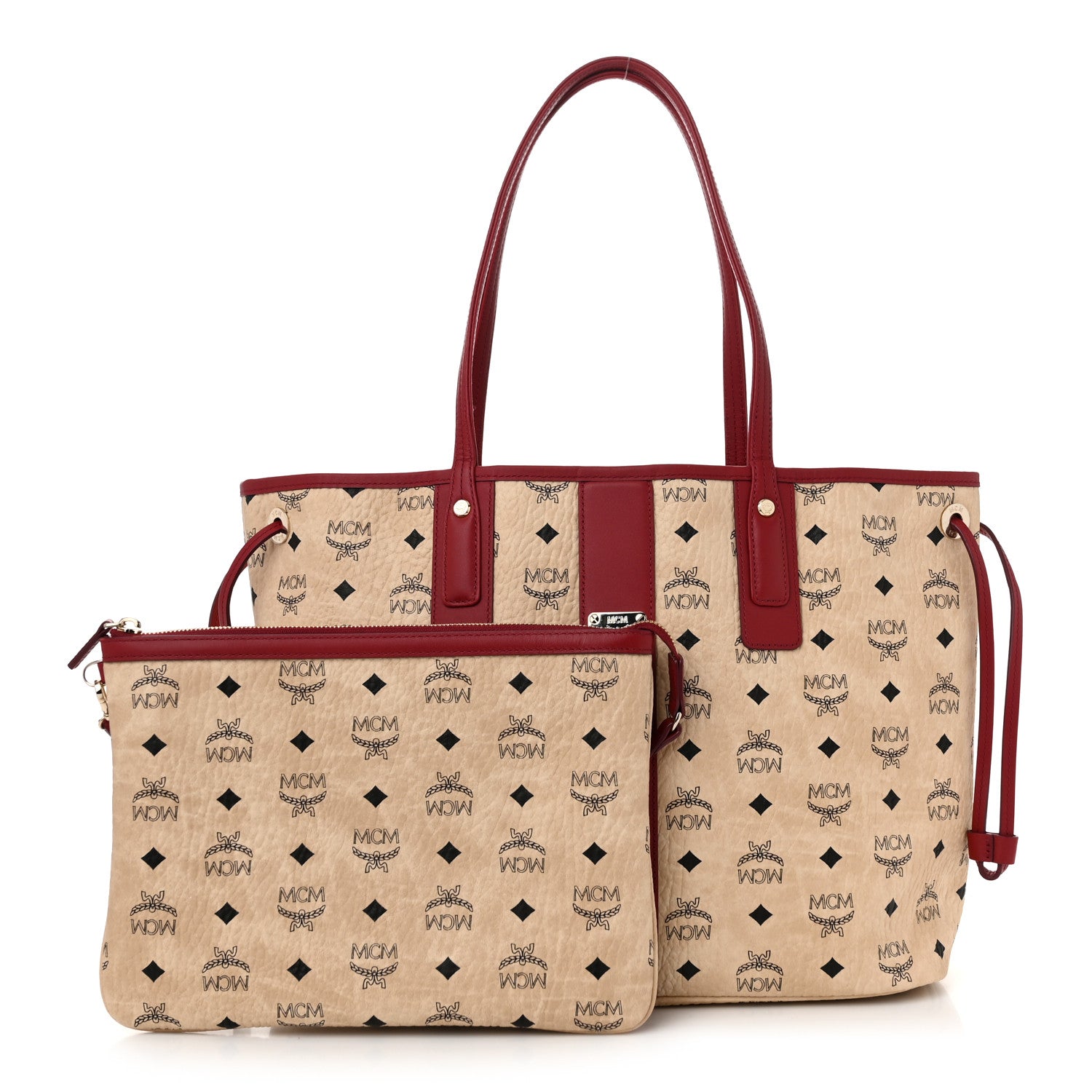 MCM Visetos Medium Liz Reversible Shopper Tote Beige Ruby Red 3 of 17