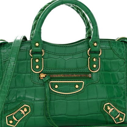 Balenciaga Shiny Supple Calfskin Crocodile Embossed Gold Metallic Edge Hardware Nano City Leaf Green 6 of 10