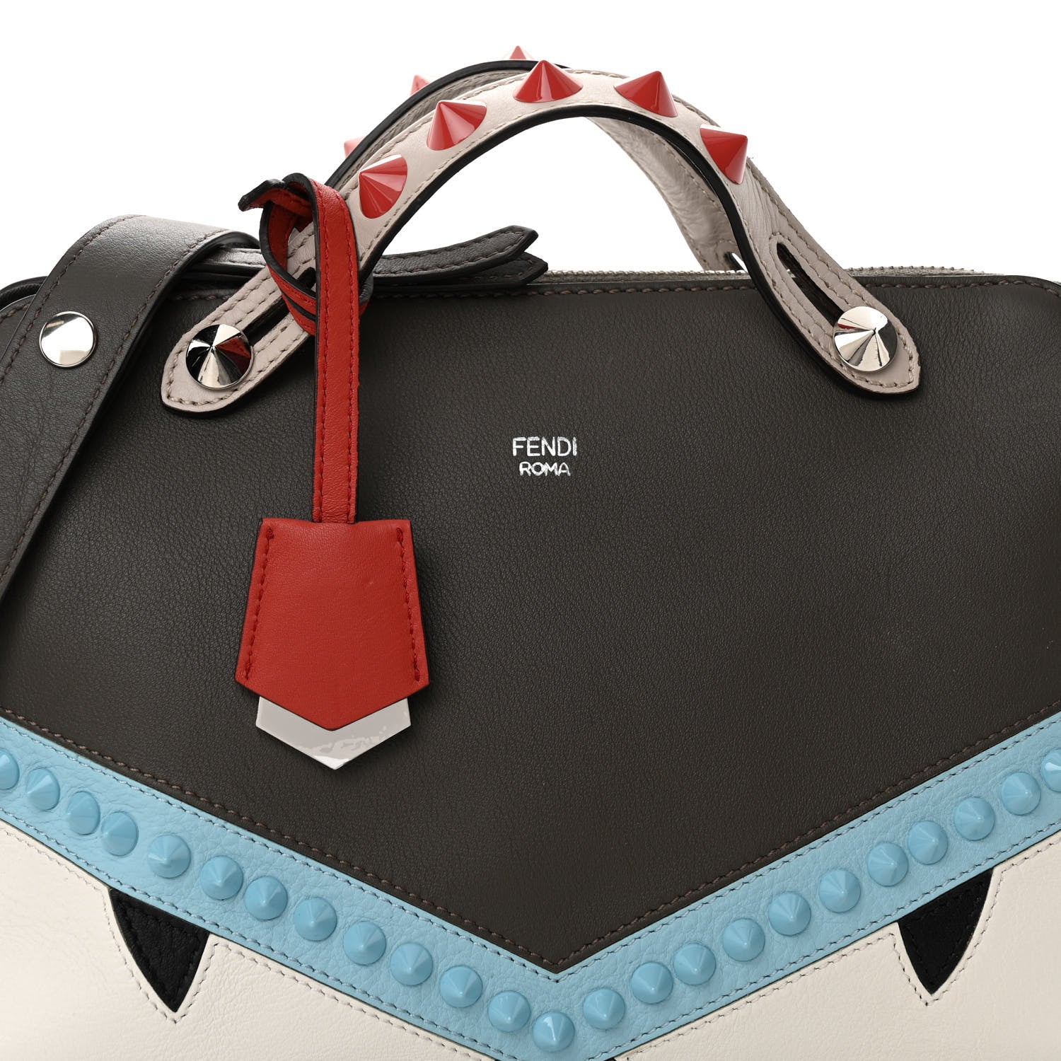 Fendi Vitello Dolce Monster Eyes Inlay Studded Medium By The Way Boston Bag Carbone White Multicolor 8 of 10