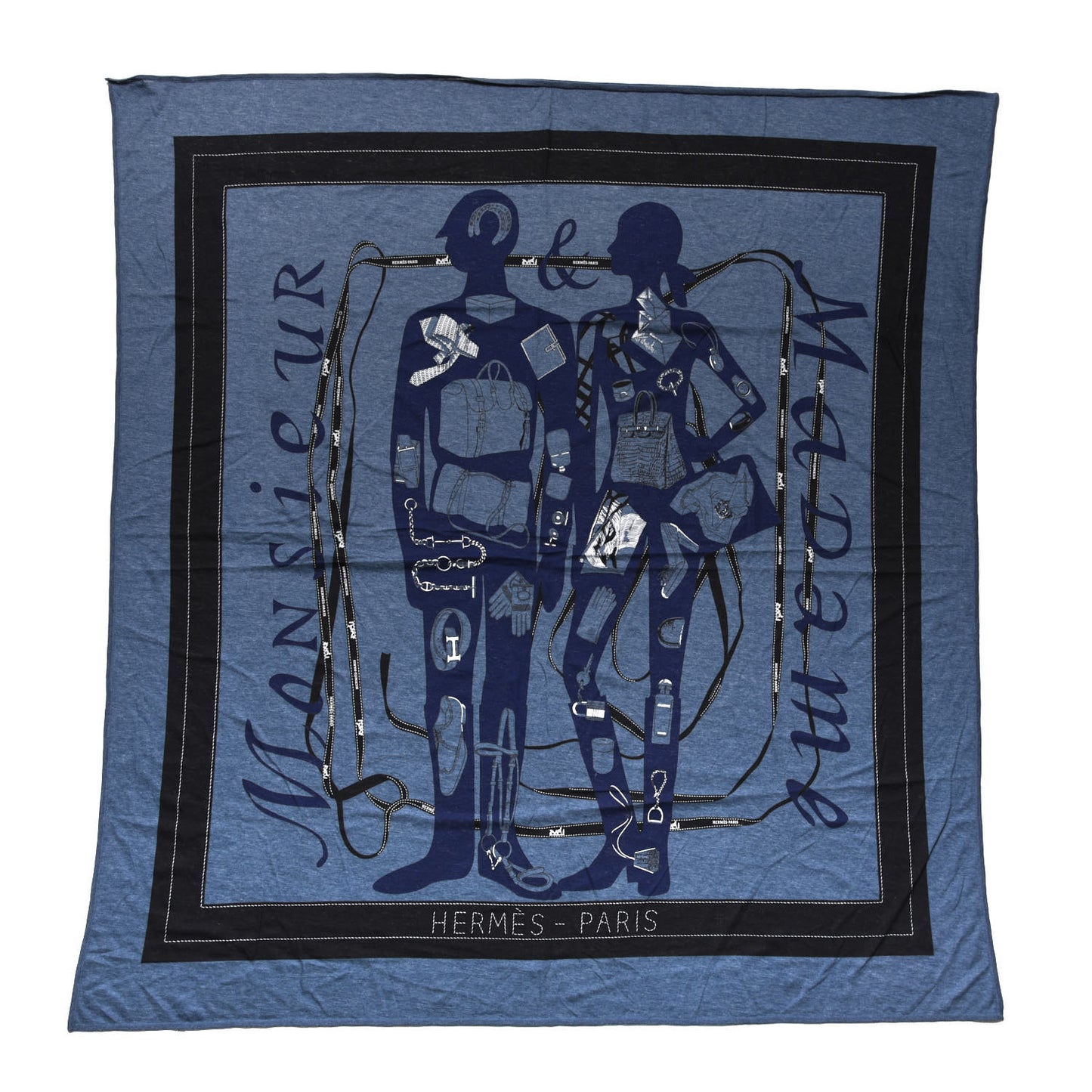 Cotton Monsieur Et Madame Scarf 90 Bleu Chine Black Encre