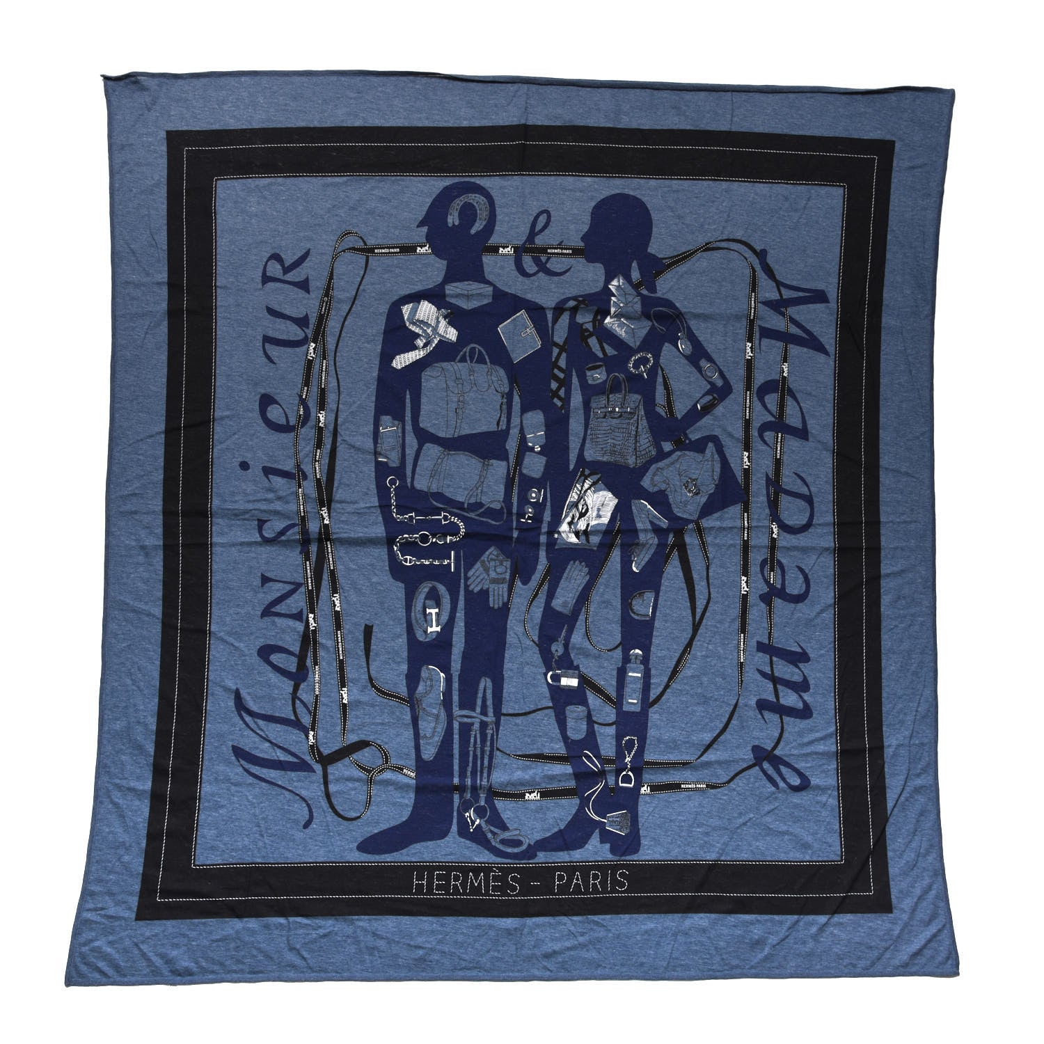 Hermes Cotton Monsieur Et Madame Scarf 90 Bleu Chine Black Encre 1 of 3