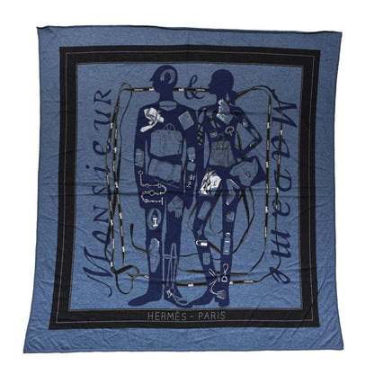 Hermes Cotton Monsieur Et Madame Scarf 90 Bleu Chine Black Encre 1 of 3