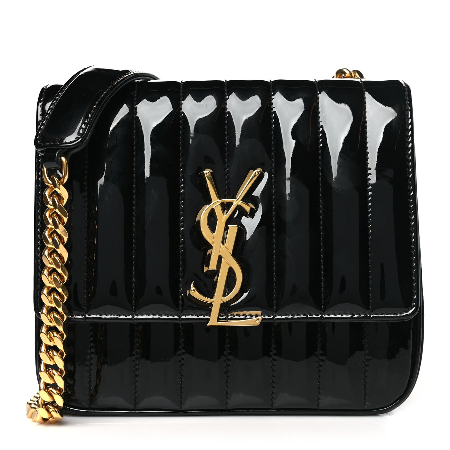 Patent Calfskin Matelasse Monogram Medium Vicky Chain Bag Black