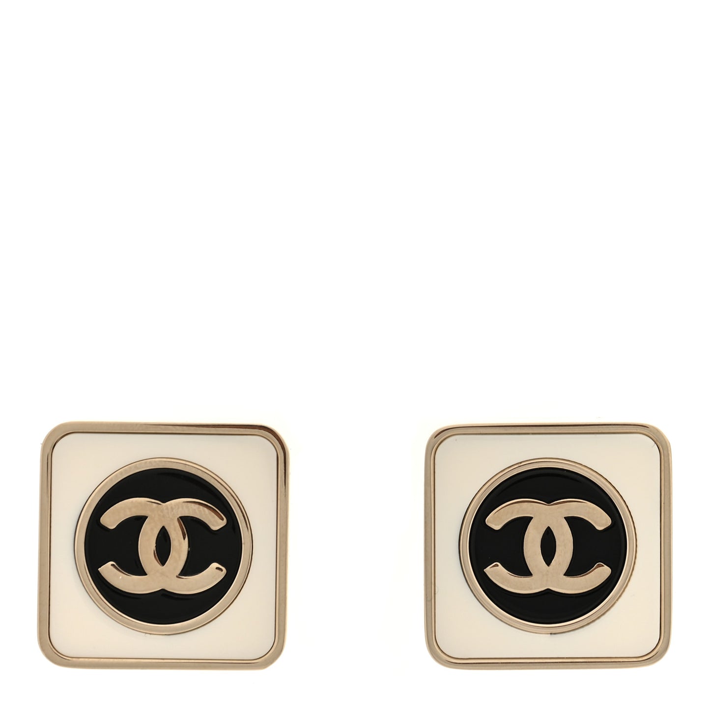 Metal Enamel CC Square Earrings Gold White Black