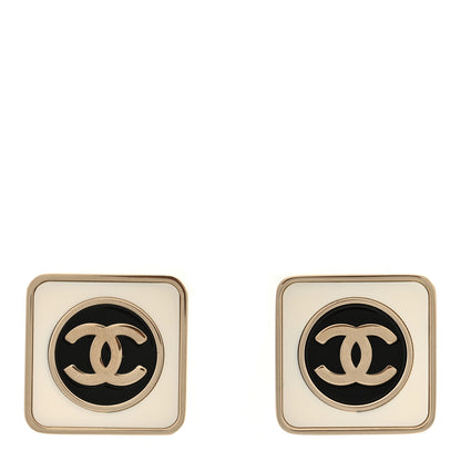 Chanel Metal Enamel CC Square Earrings Gold White Black 1 of 5