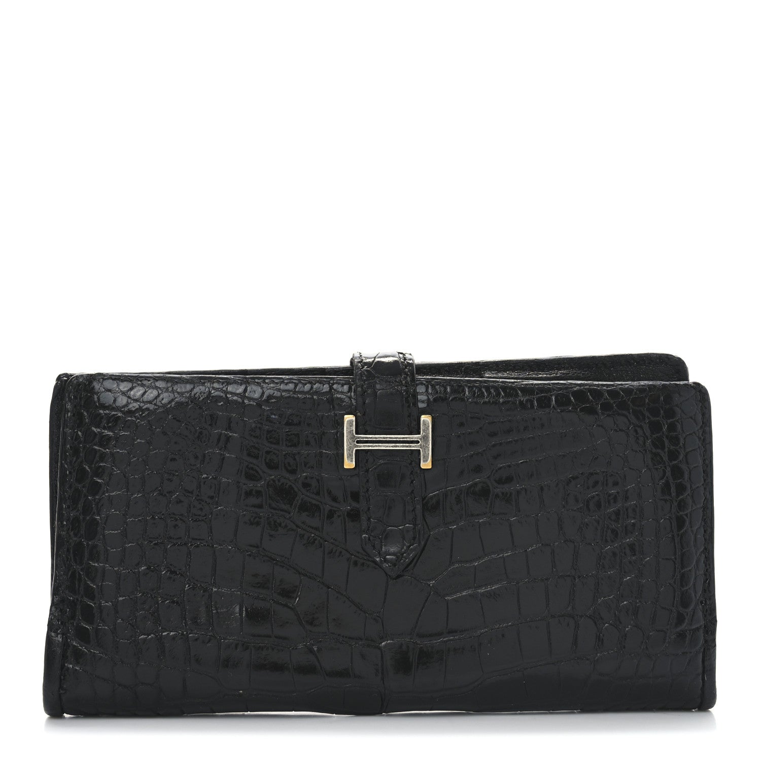 Hermes Shiny Alligator Bearn Gusset Wallet Black 1 of 11