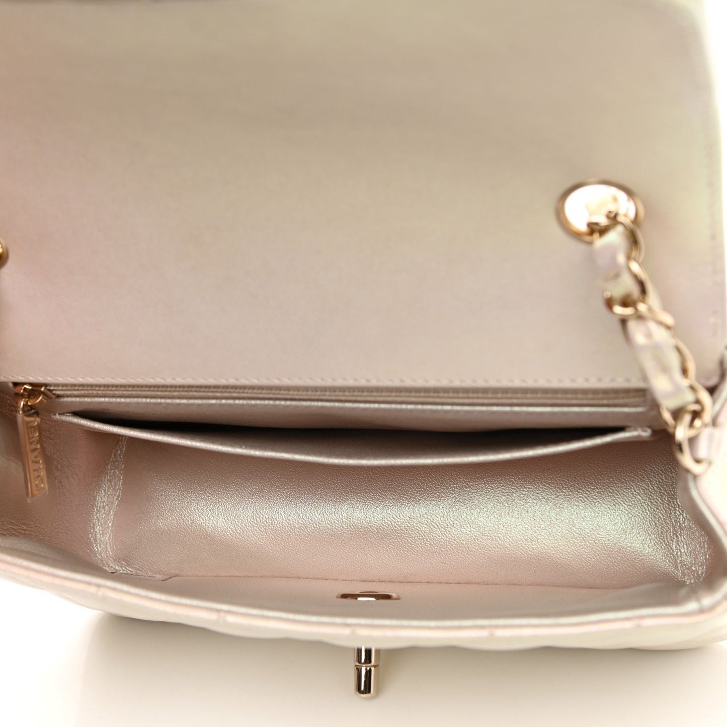 Iridescent Lambskin Quilted Mini Rectangular Flap Ivory
