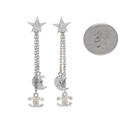 Chanel Crystal CC Star Moon Dangle Earrings Silver Gold 2 of 5