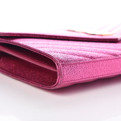 Saint Laurent Metallic Crackled Calfskin Matelasse Chevron Monogram Chain Wallet Fuchsia 7 of 11