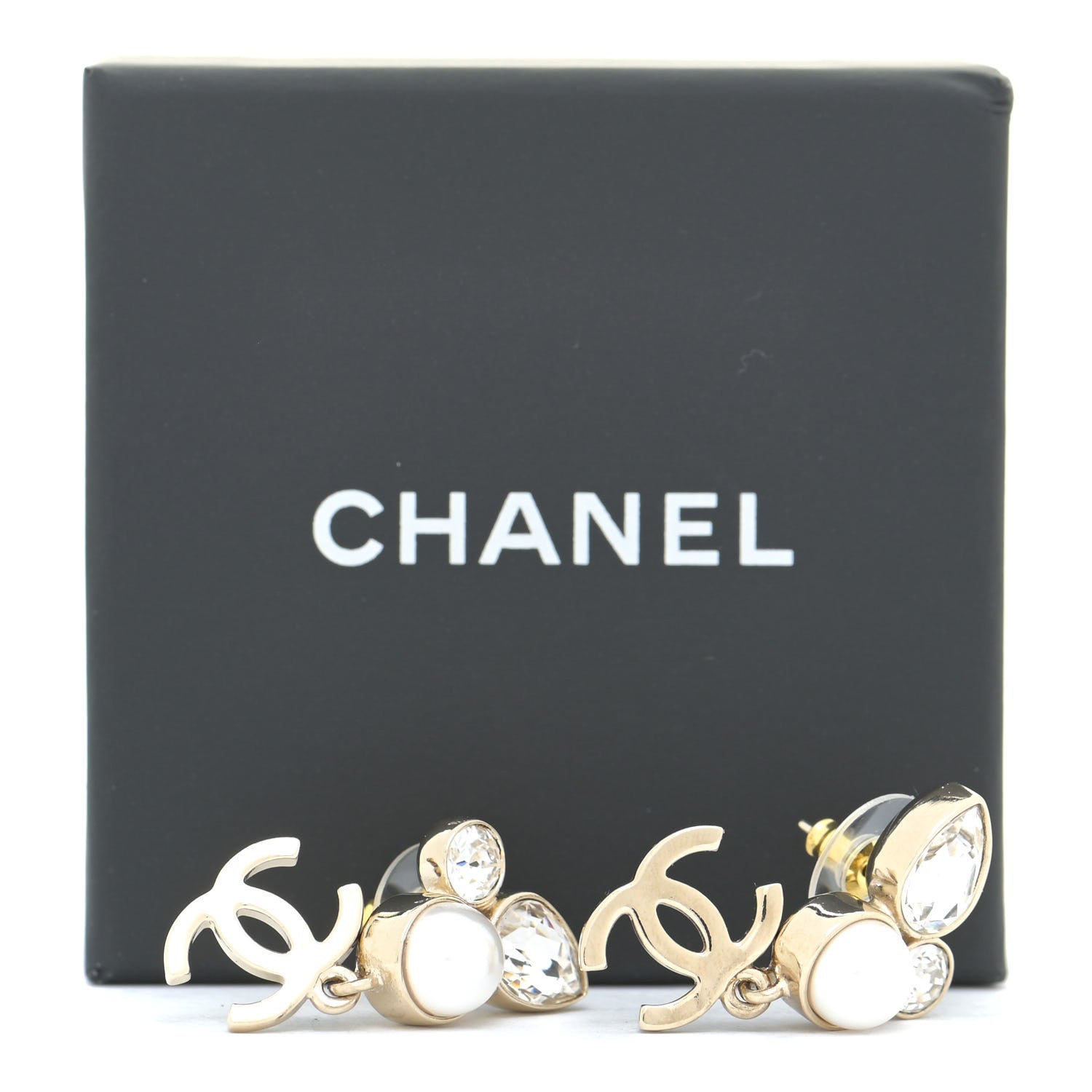 Chanel Pearl Crystal CC Drop Earrings Gold 5 of 5