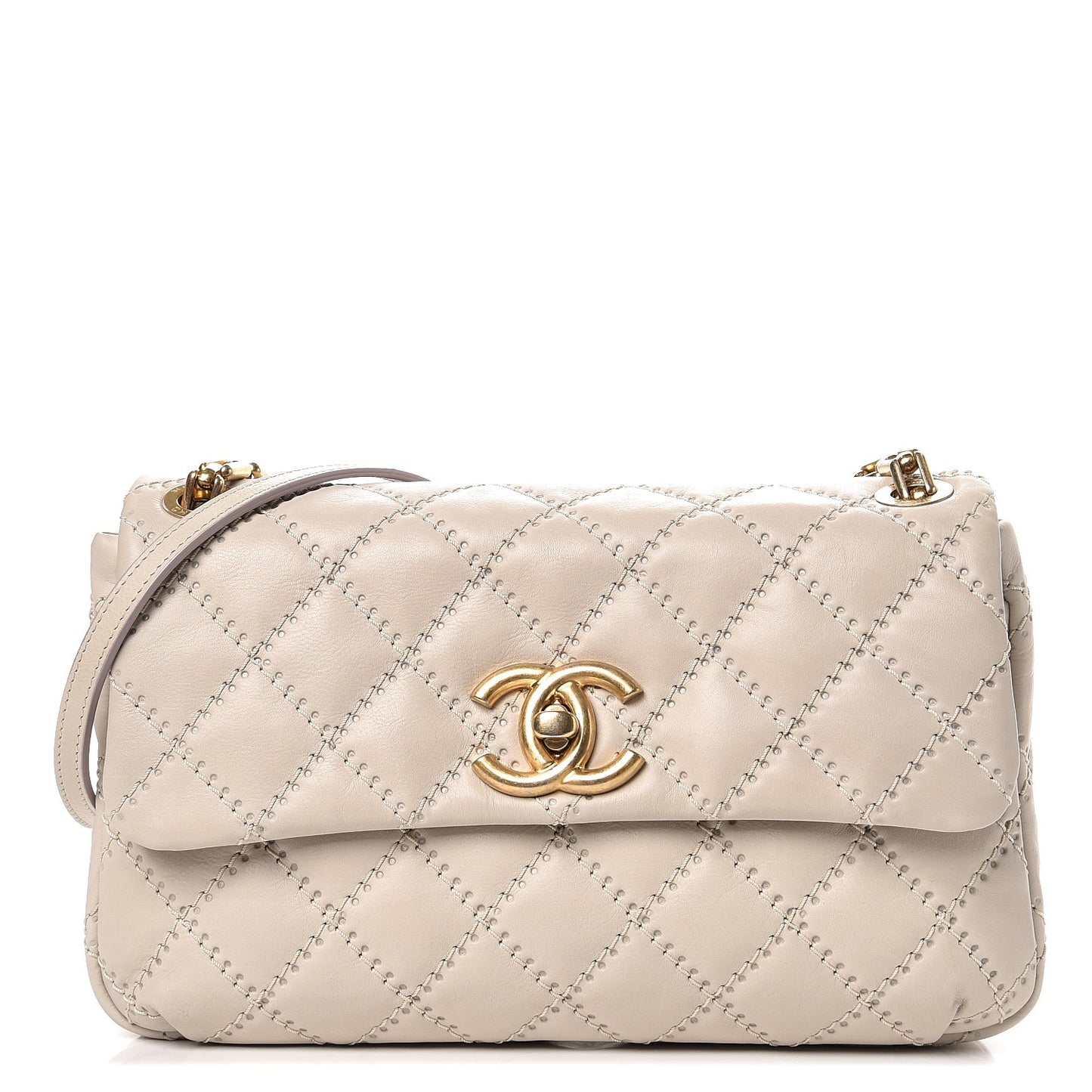 Calfskin Quilted Retro Chain Flap Beige