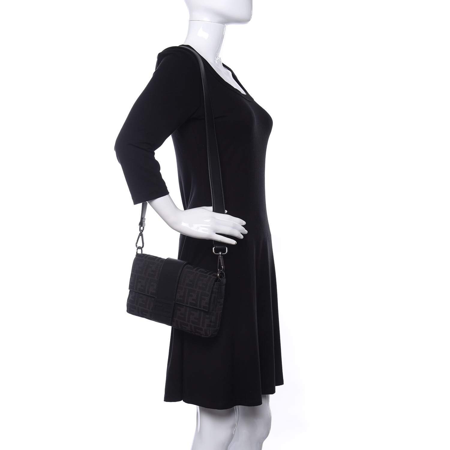 Fendi Recycled Fabric Jacquard Vitello Grace FF 1974 Belt Baguette Bag Asfalto Black 2 of 9