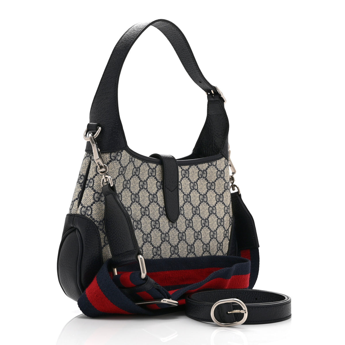 Gucci GG Supreme Monogram Textured Dollar Calfskin Web Small Jackie 1961 Hobo Beige Blue 3 of 11