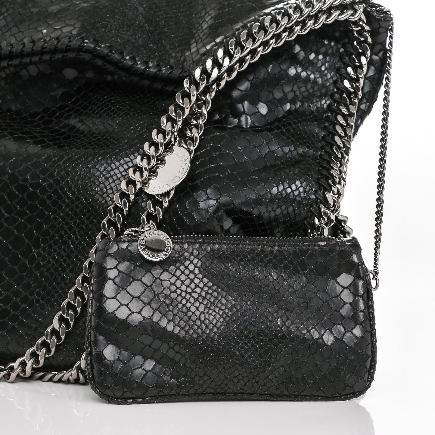 Metallic Faux Snakeskin Big Falabella Black