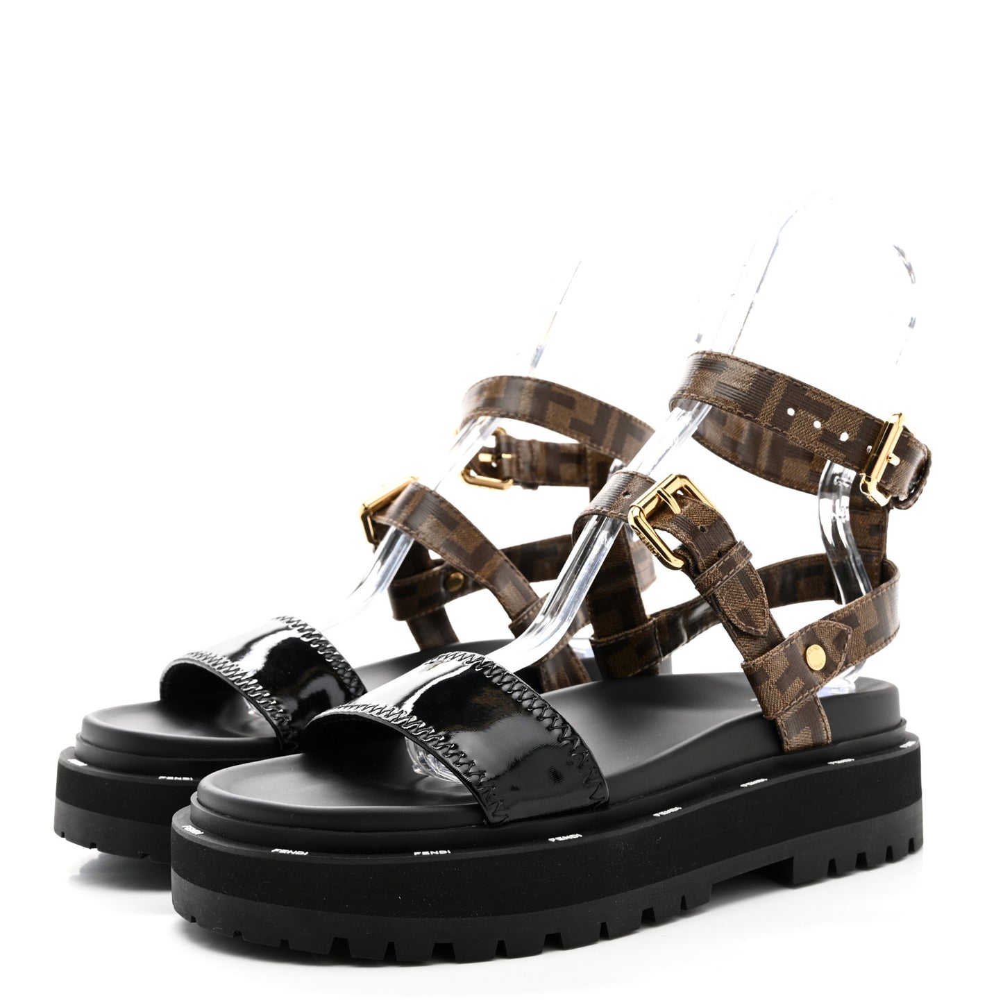 Vernice High-Tech Glazed Fabric FF Lug Sole Platform Sandals 39.5 Black Tobacco Moro