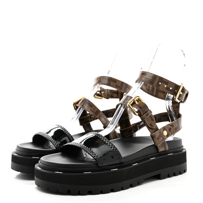 Fendi Vernice High-Tech Glazed Fabric FF Lug Sole Platform Sandals 39.5 Black Tobacco Moro 3 of 9