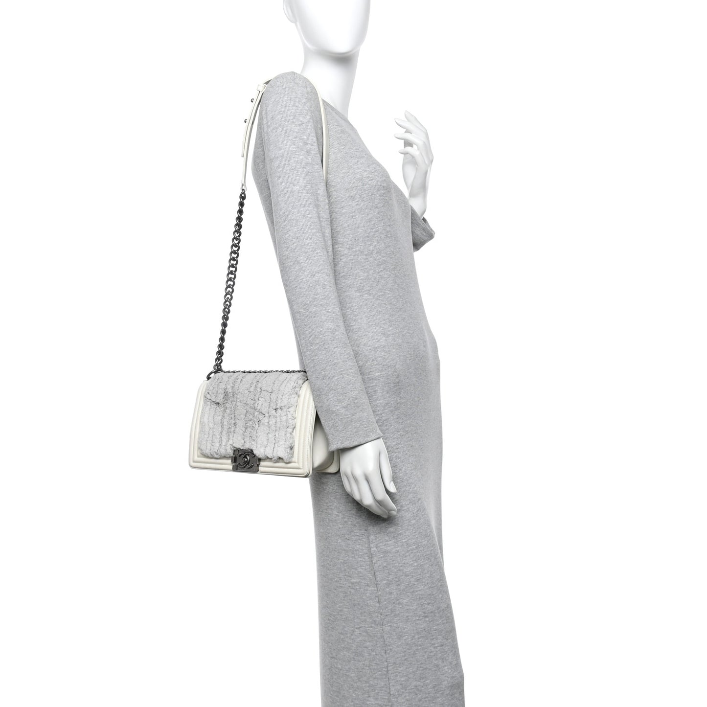 Fur Calfskin Medium Boy Flap White Silver