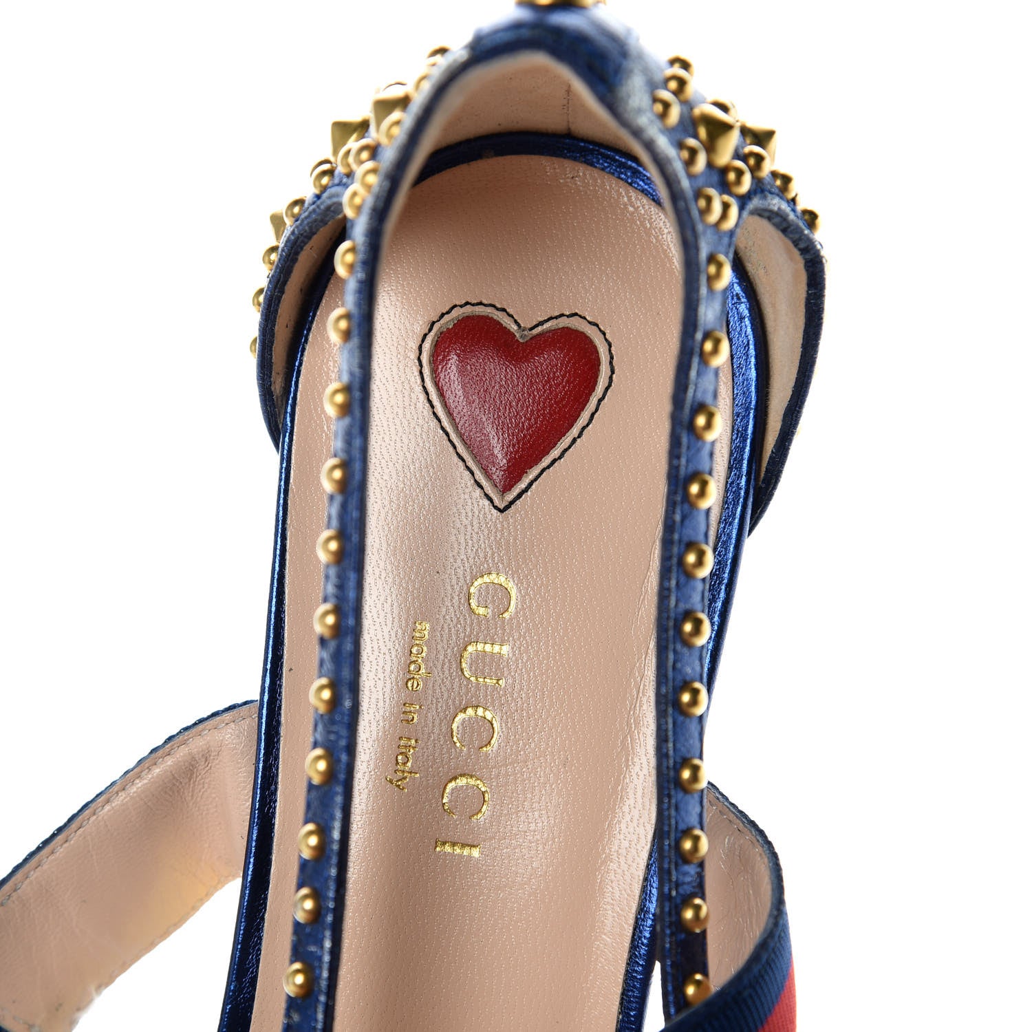 Gucci Metallic Nappa Silk Grosgrain Studded Sylvie Web Bamboo Low Heel Pumps 36.5 Sapphire 9 of 13