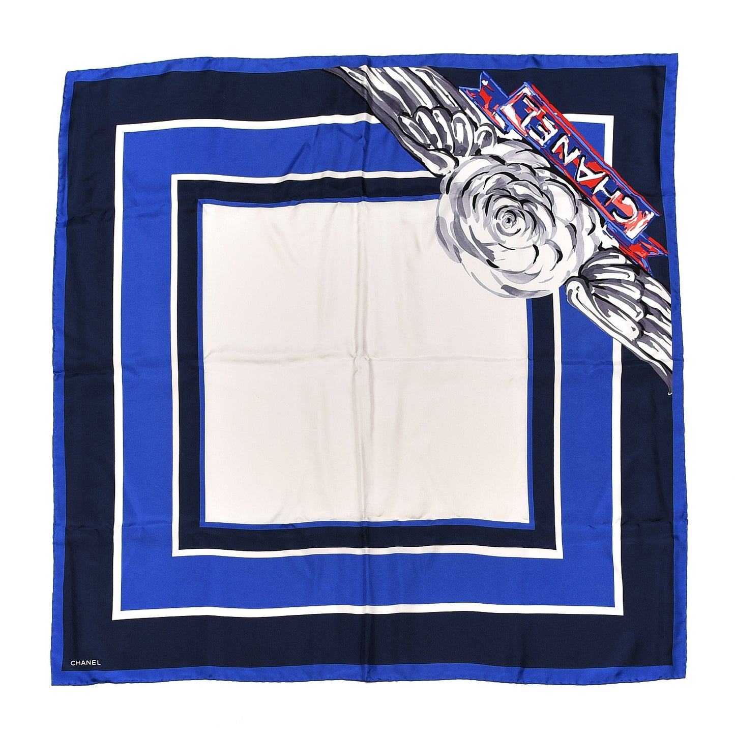 Silk Camellia Print CC Square Scarf Blue Ivory