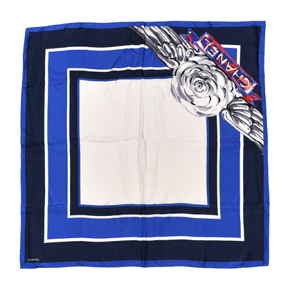 Chanel Silk Camellia Print CC Square Scarf Blue Ivory 1 of 3