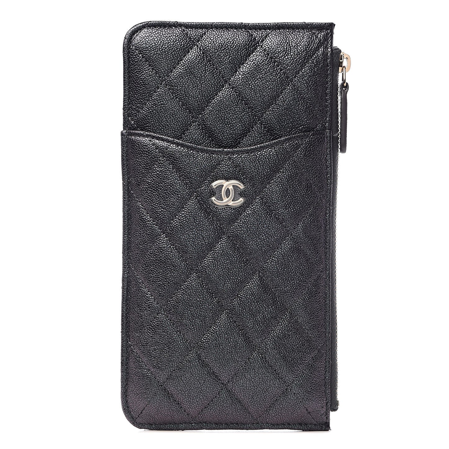 Iridescent Caviar Quilted Classic Flat Wallet Pouch Black