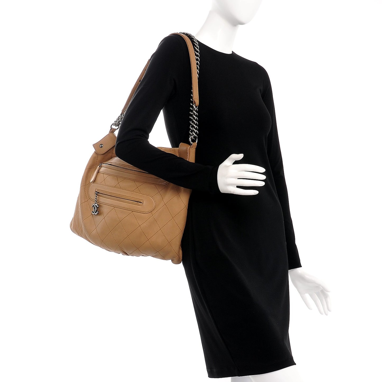 Calfskin Stitched Double Zip Hobo Beige