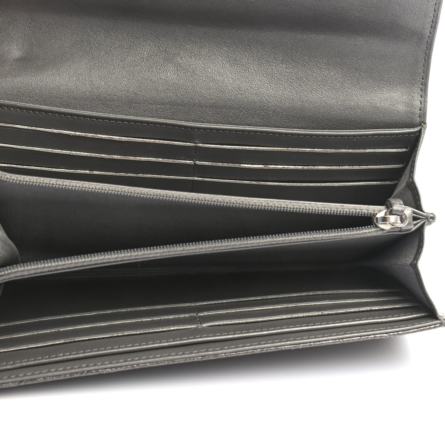 Metallic Camellia Calfskin Embossed Quilted Yen Wallet Grey