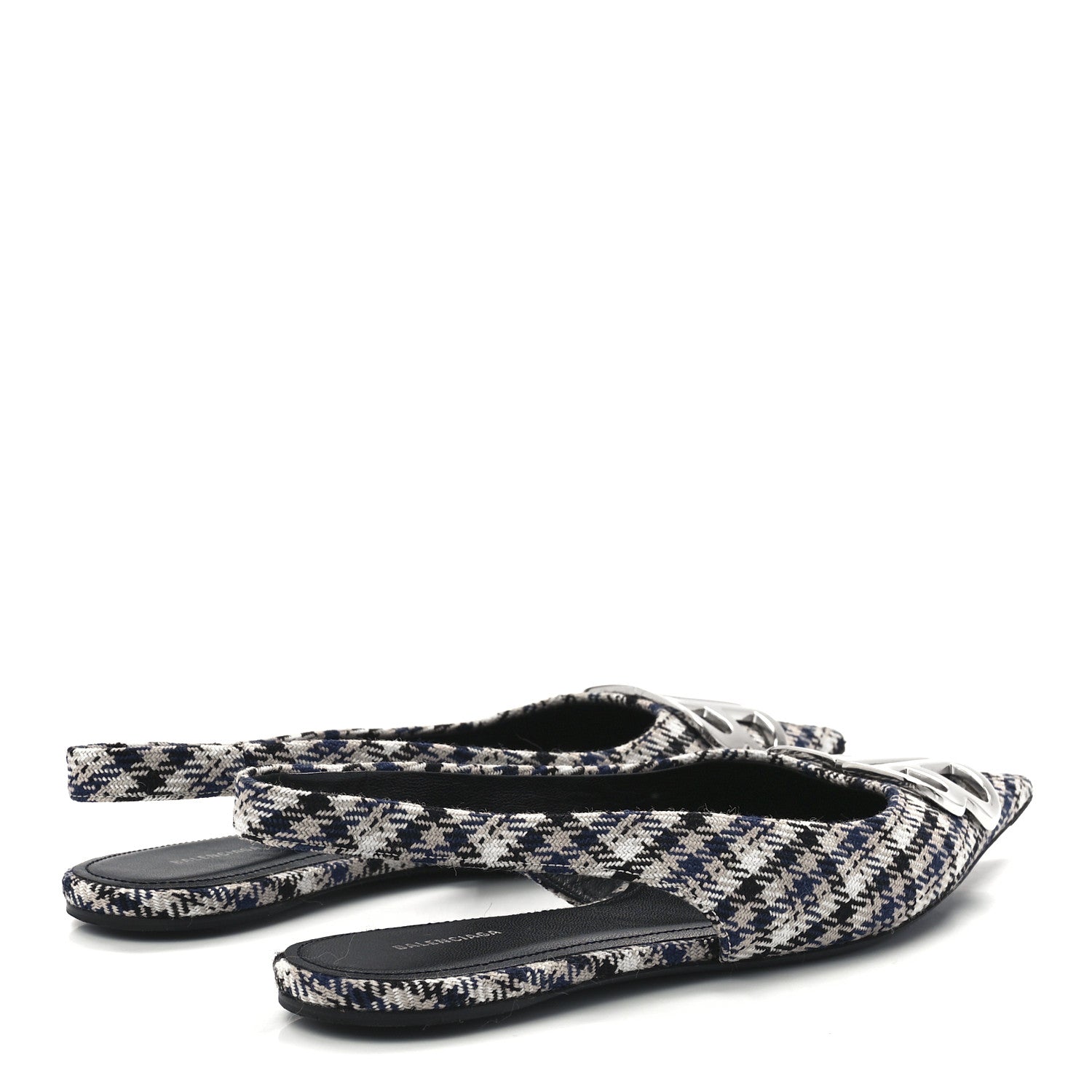 Balenciaga Tweed Prince Of Wales BB Knife Pointy Toe Slingback Flats 37 Beige Navy Silver 4 of 8