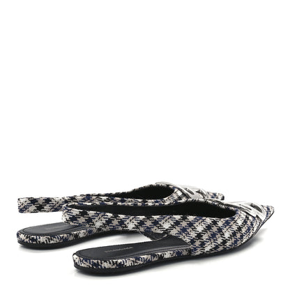Balenciaga Tweed Prince Of Wales BB Knife Pointy Toe Slingback Flats 37 Beige Navy Silver 4 of 8