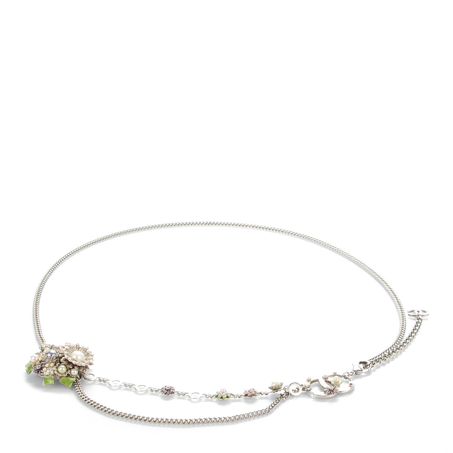 Chanel Crystal Enamel Pearl Flower CC Belt Silver 1 of 6