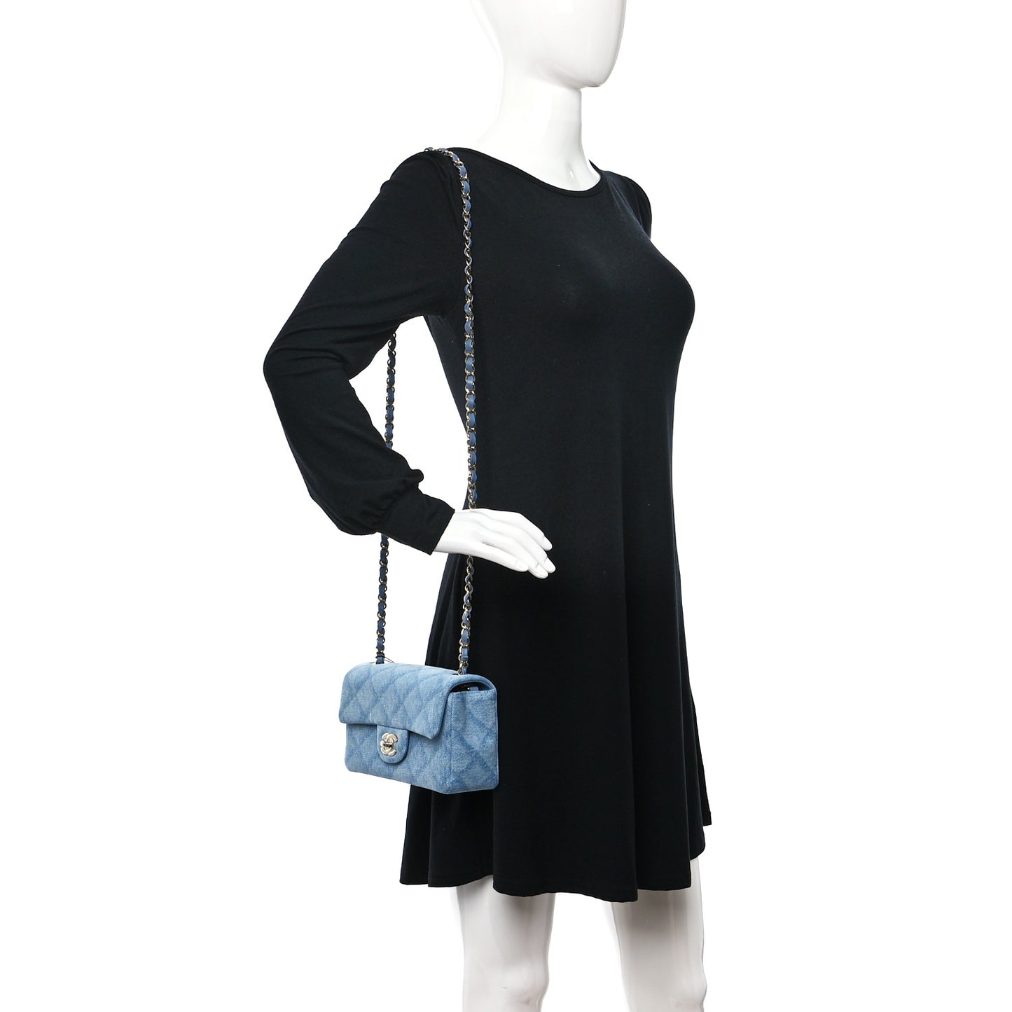 Printed Denim Quilted Mini Rectangular Flap Light Blue