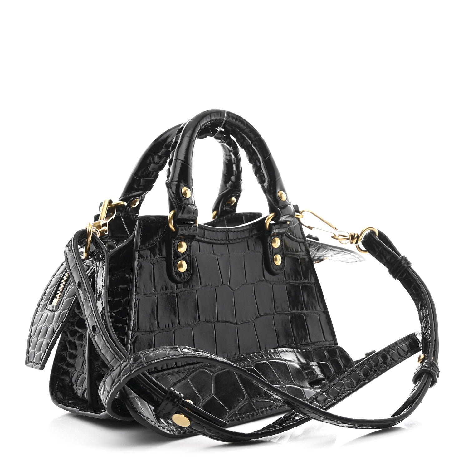 Balenciaga Shiny Supple Calfskin Crocodile Embossed Neo Classic Gold Hardware Nano City Crossbody Black 3 of 9