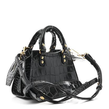 Balenciaga Shiny Supple Calfskin Crocodile Embossed Neo Classic Gold Hardware Nano City Crossbody Black 3 of 9