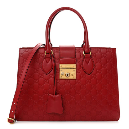 Gucci Guccissima Signature Padlock Double Handle Bag Hibiscus Red 1 of 20