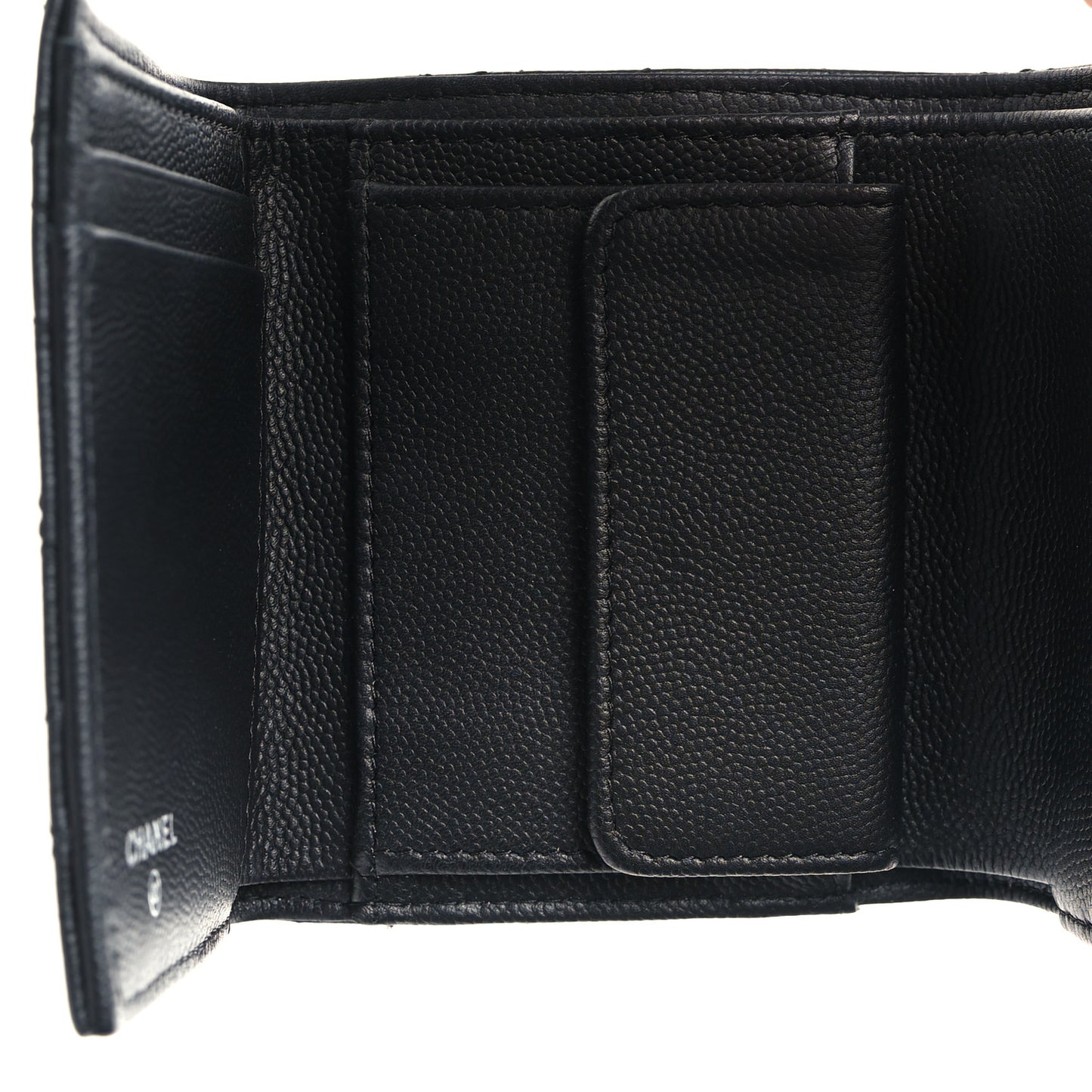 Caviar Camellia Embossed Compact Wallet Black