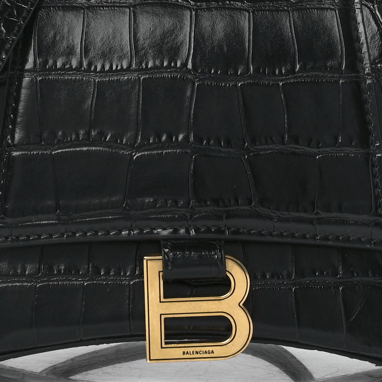 Shiny Calfskin Crocodile Embossed Small Hourglass Top Handle Bag Black