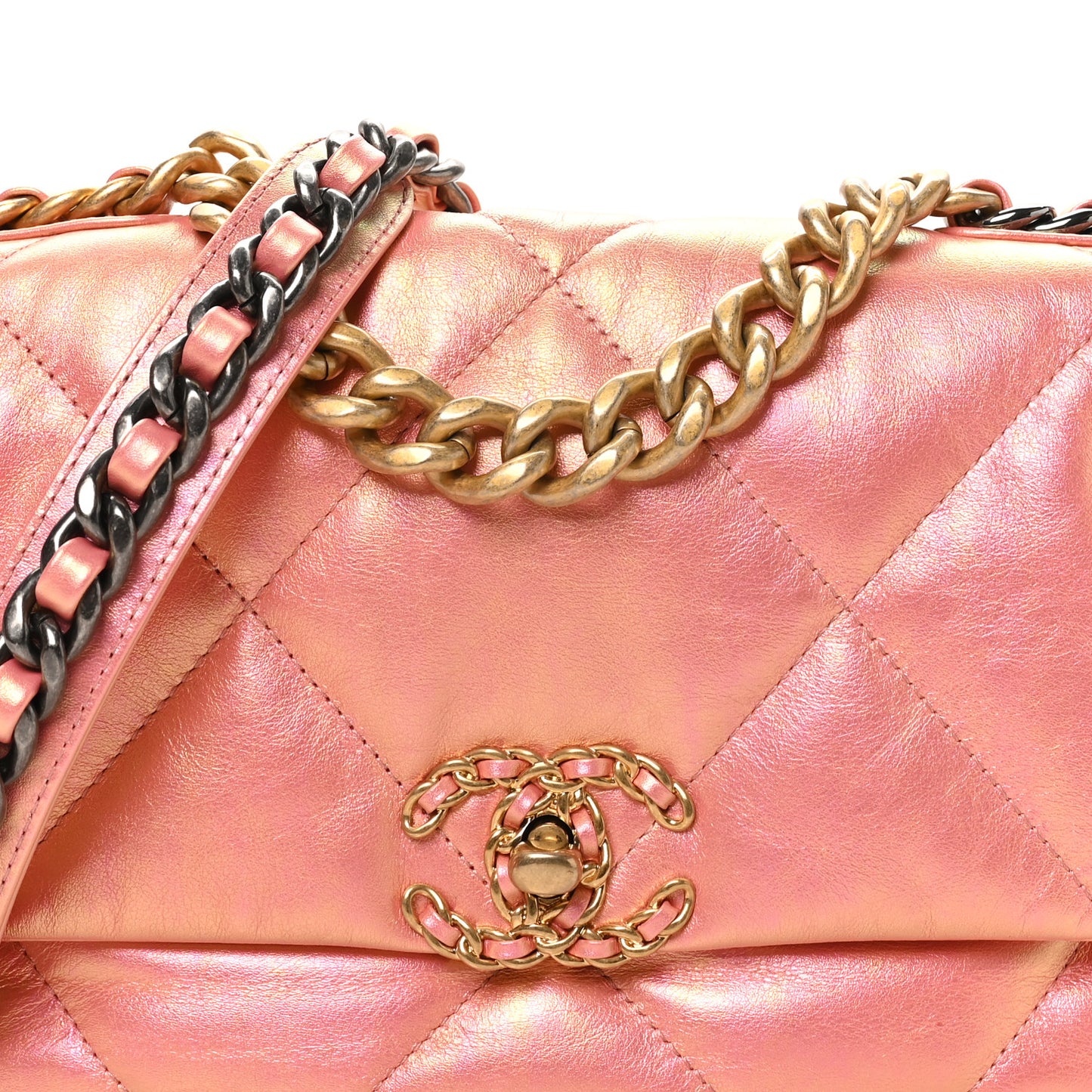Iridescent Calfskin Quilted Medium Chanel 19 Flap Pink