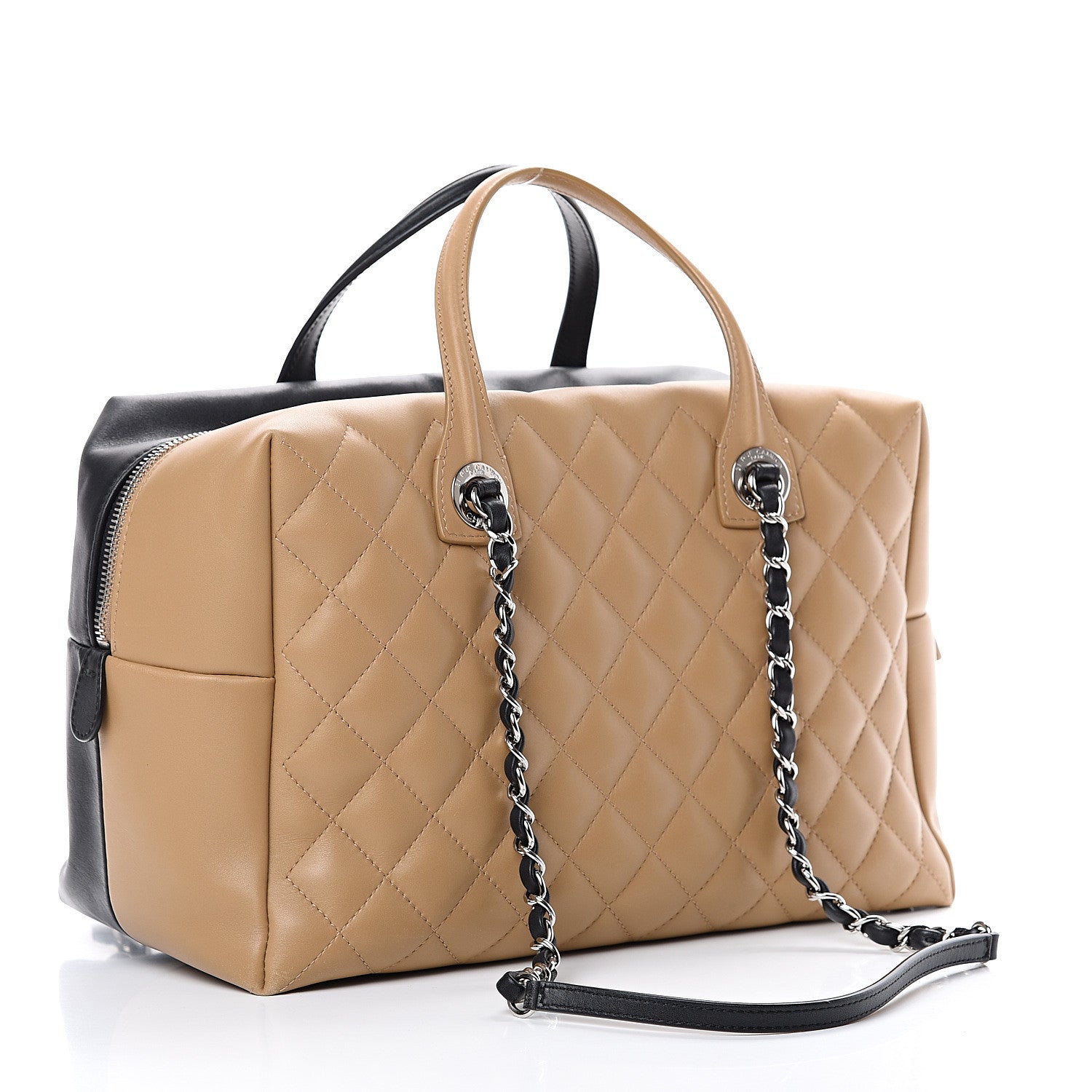 Chanel Calfskin Quilted Feather Weight Bowling Bag Black Beige 2 of 15