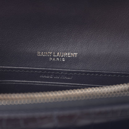 Saint Laurent Calfskin Crocodile Embossed Monogram Sunset Chain Wallet Navy 6 of 9
