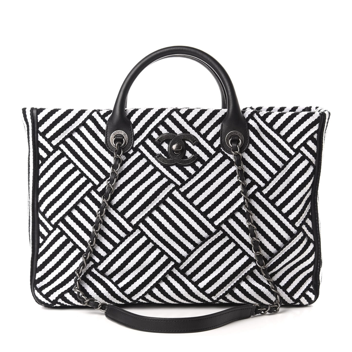 Woven Canvas Large Easy Shopping Tote Black White