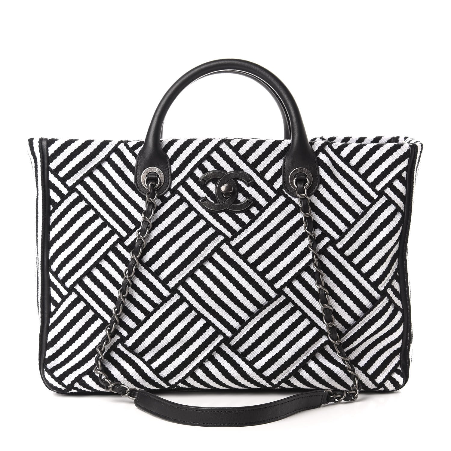 Chanel Woven Canvas Large Easy Shopping Tote Black White 2 of 10