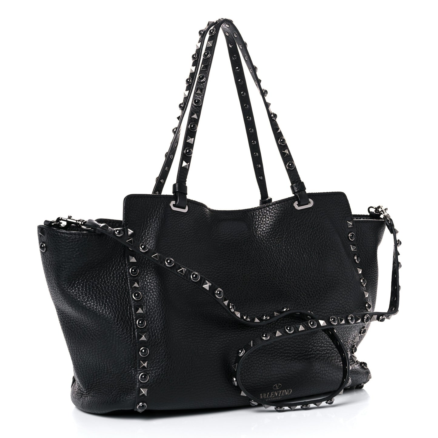Grained Calfskin Onyx Medium Rockstud Rolling Tote Black