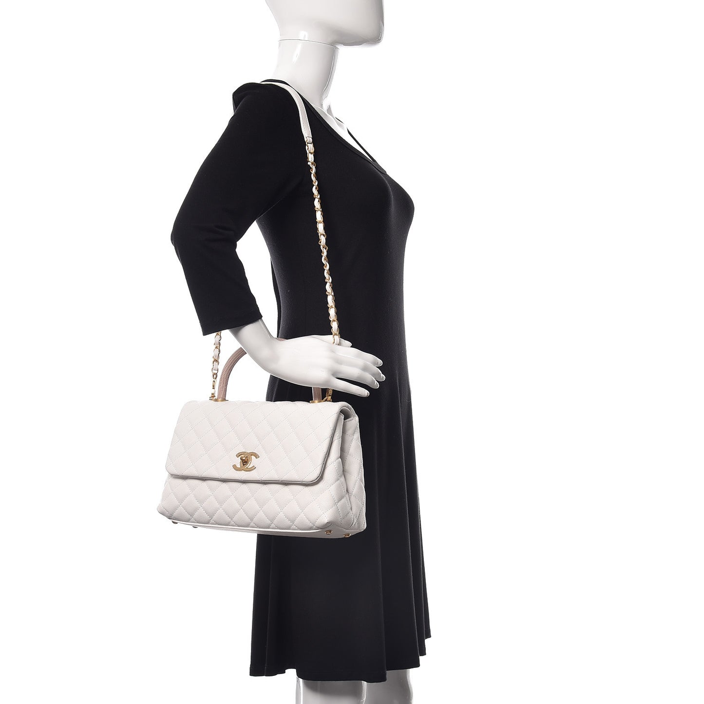 Caviar Lizard Quilted Small Coco Handle Flap White Beige