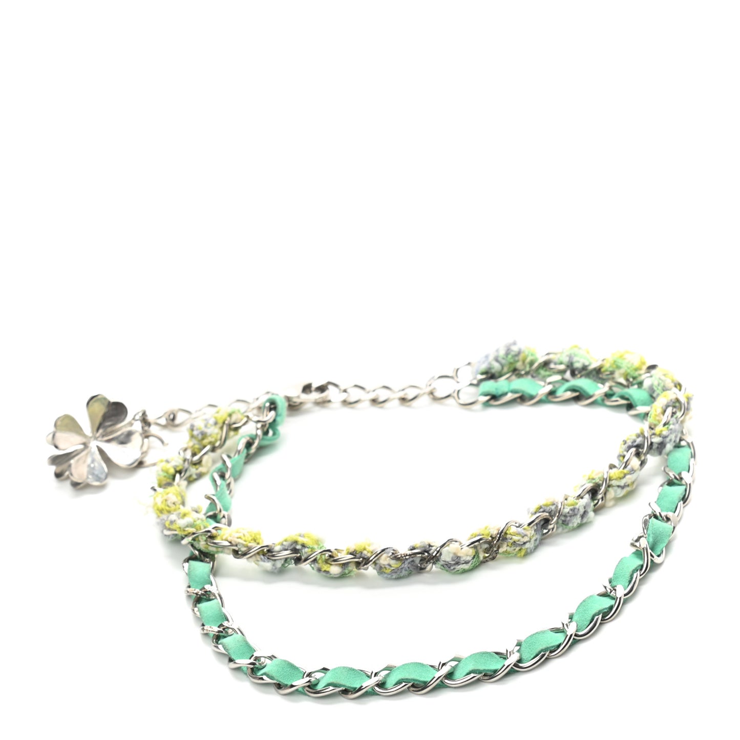 Tweed Suede Chain Lucky Charms CC Belt Green Silver